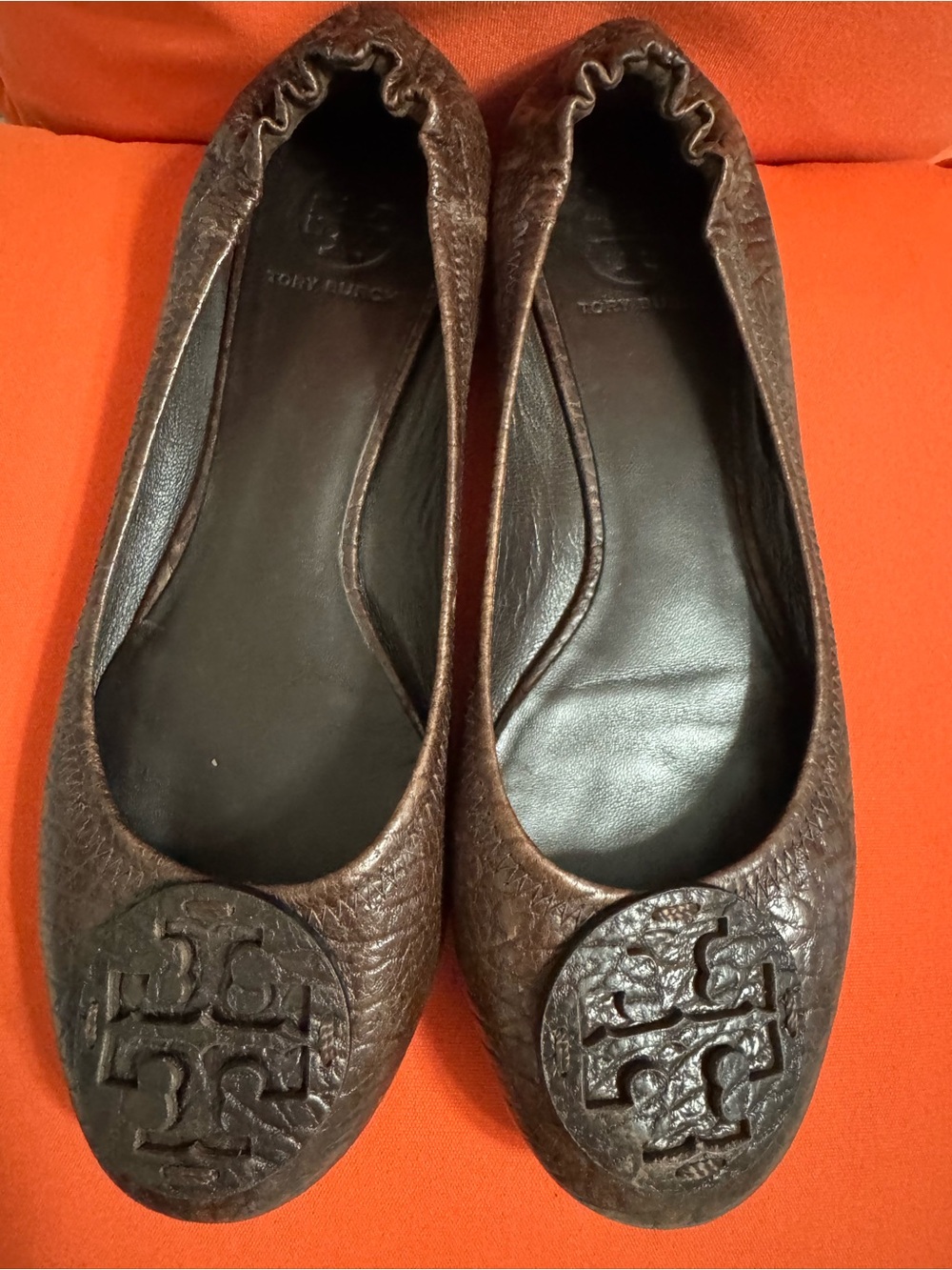 Tory Burch Dark Brown Leather Logo Ballet Flats